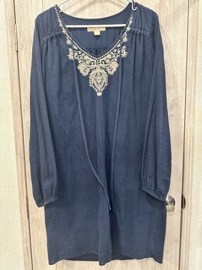 Michael Kors Med Navy Long Sleeve Gauze Tunic Dress Cotton Embroider V Neckline